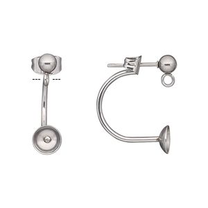 Earstud 1pkg4, 21mm / 6mm cup / 1mm peg / 4mm ball / open loop / backlobe / 6-8mm round half-drilled setting / earnuts, stainless steel 2 pair