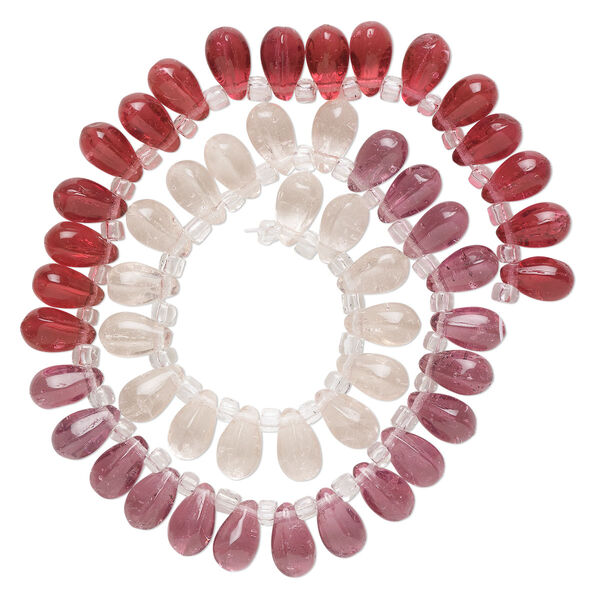 Bead, glass, transparent pale pink, light pink and dark pink, 11x7mm top-drilled teardrop with irregular rondelles. Sold per 14-inch strand. image number 0