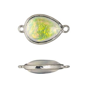 Link, Opalized Ice™, "opal" (resin) and imitation rhodium-finished brass, opaque white, 19.5x15mm double-sided teardrop. Sold per pkg of 4.