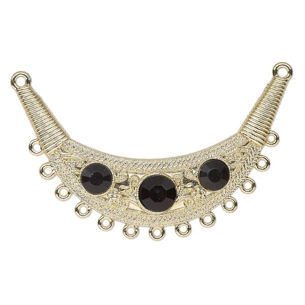 Connector, gold-finished "pewter" (zinc-based alloy) and glass, black, 3-1/2 x 2 inches. Sold individually. image number 0