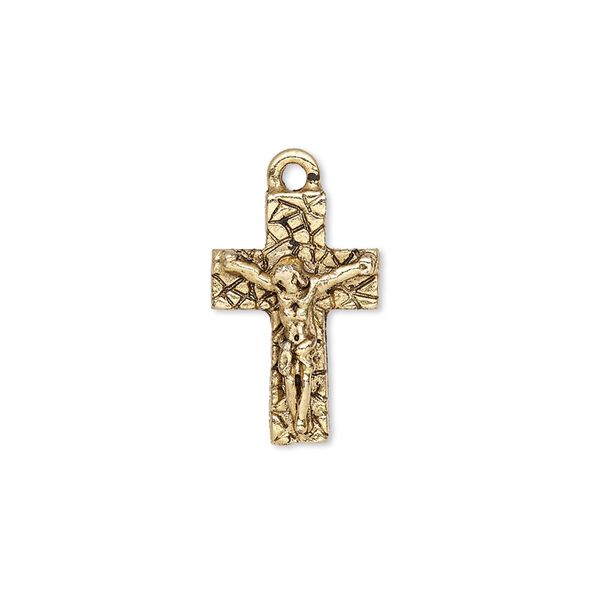 Drop, antique gold-plated pewter (tin-based alloy), 19x12.5mm single-sided crucifix. Sold individually. image number 0