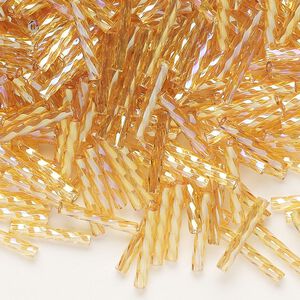 Bugle bead, Dyna-Mites™, glass, translucent rainbow gold, 12mm twisted. Sold per 50-gram pkg.