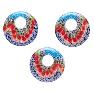 Component, millefiori glass, translucent multicolored,24-26mm undrilled go-go with flower design. Sold per pkg of 3.