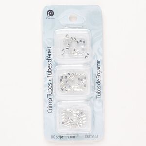 Crimp, brass, pkg/100, silver finish, 2mm round tube.