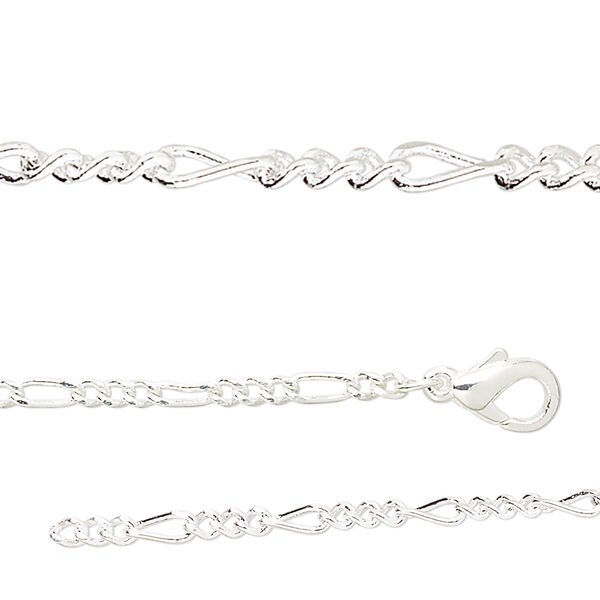 Chain, silver-plated brass, 2.7mm Figaro, 18 inches with 1-inch extender chain and lobster claw clasp. Sold per pkg of 2. image number 0