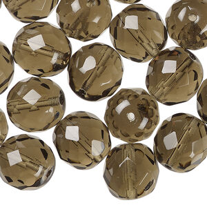 Bead, Czech fire-polished glass 1pkg30, 12mm faceted round, transparent smoke, (40020).