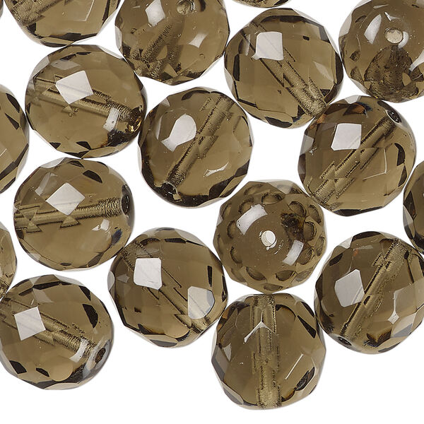 Bead, Czech fire-polished glass 1pkg30, 12mm faceted round, transparent smoke, (40020). image number 0