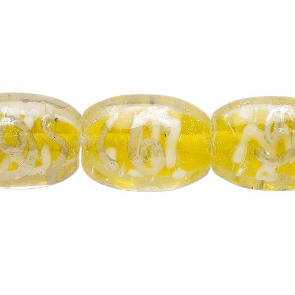 Bead, lampworked glass, translucent yellow and white, 18x14mm-20x14mm puffed oval. Sold per 8-inch strand, approximately 10 beads. image number 0