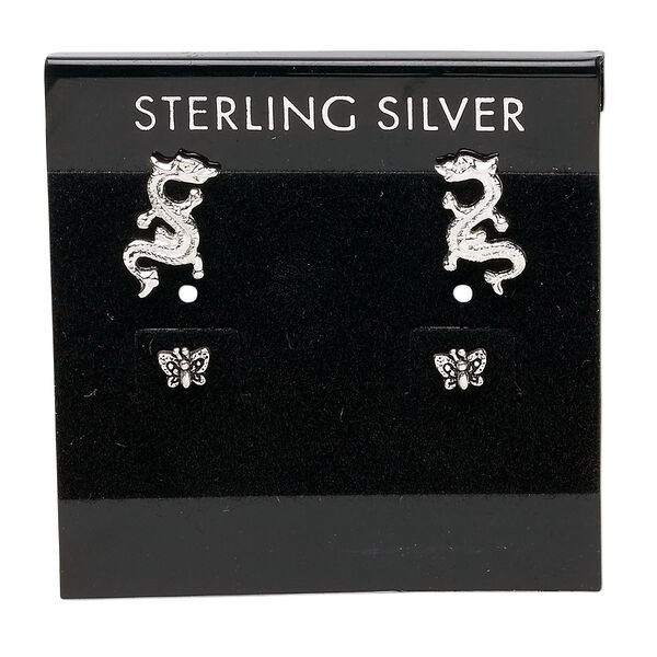 Earring card, flocked plastic, black and silver, 2x2-inch square with "STERLING SILVER." Sold per pkg of 25. image number 0