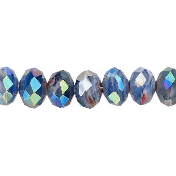 Bead, millefiori glass, opaque marbled blue AB, 9x6mm faceted rondelle. Sold per 8-inch strand, approximately 30 beads. image number 0