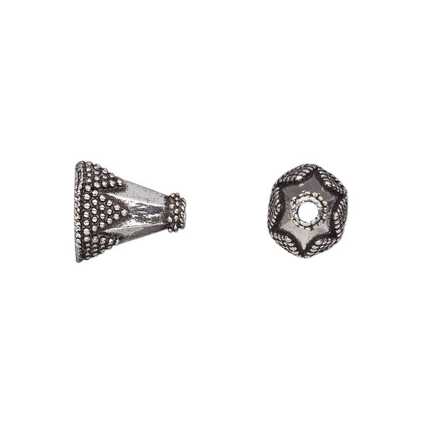 Cone, antique silver-plated brass, 11x10mm beaded hexagonal, 7x6mm hole. Sold per pkg of 6. image number 0
