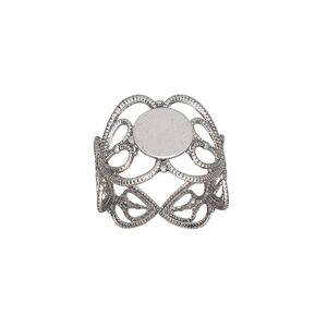 Ring, antique silver-plated brass, 14mm wide with double heart and 8mm round flat pad setting, adjustable from size 7-9. Sold per pkg of 8.