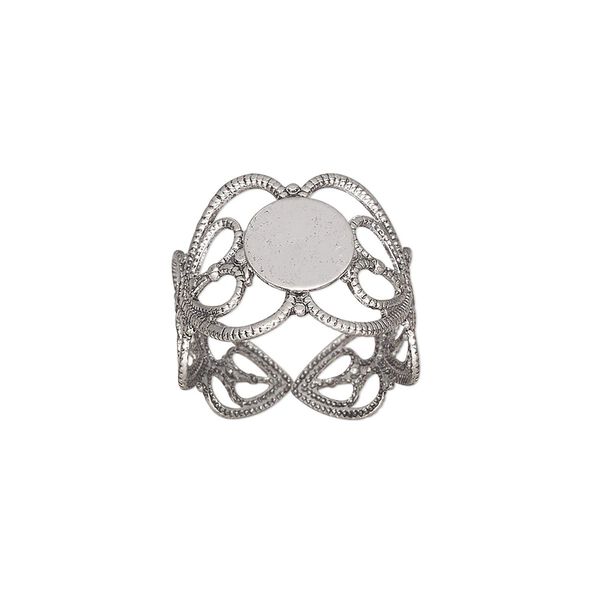 Ring, antique silver-plated brass, 14mm wide with double heart and 8mm round flat pad setting, adjustable from size 7-9. Sold per pkg of 8. image number 0