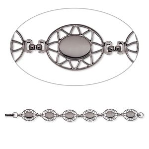 Bracelet component, gunmetal-plated brass, 20x17mm fancy oval with (6) 10x8mm oval settings, 7 inches with fold-over clasp. Sold individually.