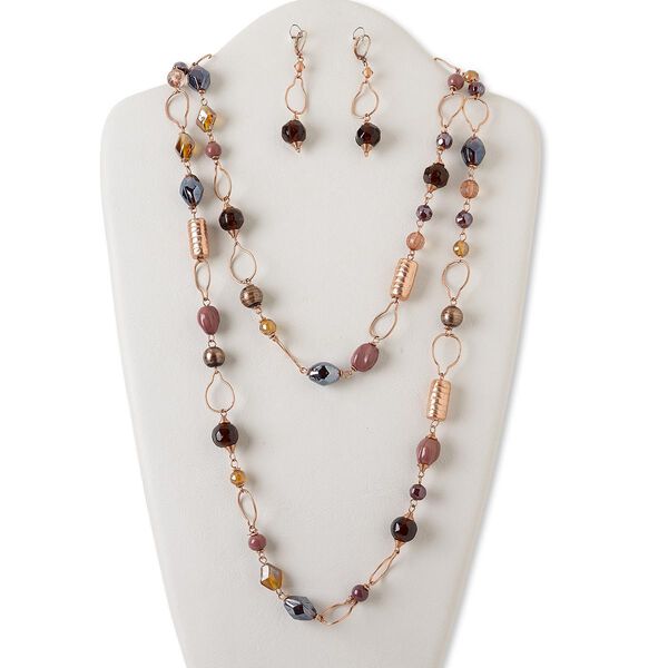 Necklace and earring set, copper-finished steel, aluminum and brass / acrylic / lampworked glass, purple and brown, multi-shape, 54-inch continuous loop, 2-3/4 inch earrings with leverback ear wire. Sold per set. image number 0