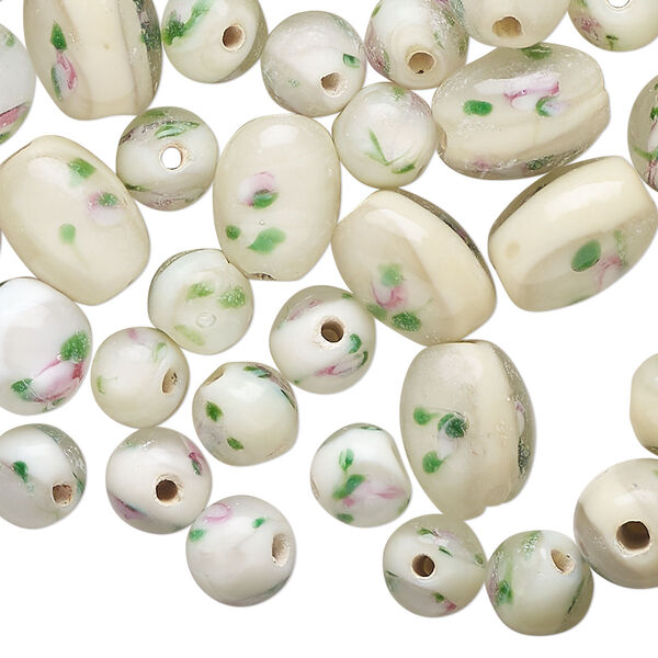 Bead mix, lampworked glass, translucent white / green / pink, 7-12x8mm oval. Sold per 2-ounce pkg, approximately 85 beads. image number 0