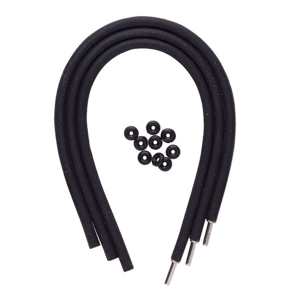 Bracelet cord, silicone and stainless steel, black, 4mm round, 7-1/2 inches with pop-style clasp. Sold per pkg of 3. image number 0