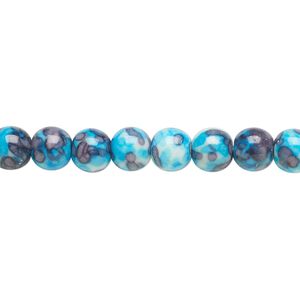 Bead, resin and painted ceramic, blue / white / grey, 6mm round. Sold per 15-1/2" to 16" strand.