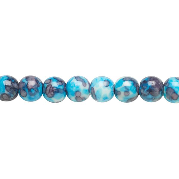 Bead, resin and painted ceramic, blue / white / grey, 6mm round. Sold per 15-1/2" to 16" strand. image number 0