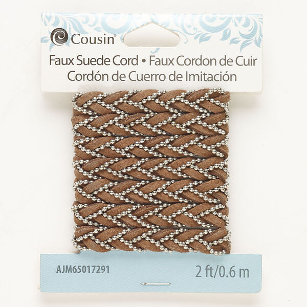 Cord, steel and faux leather (dyed), pkg/2 feet, silver finish and brown, 7mm braided. image number 0