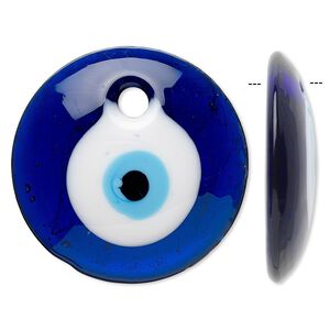 Focal, lampworked glass, multicolored, 45mm flat round with wards off the evil eye design. Sold individually.