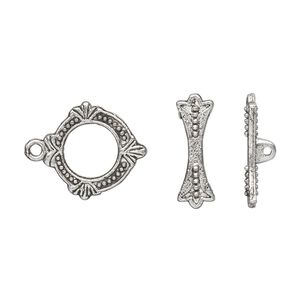 Clasp toggle 1pkg20 silver-plated "pewter" (zinc alloy), 15x14mm double-sided round, antique 1-strand