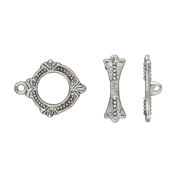 Clasp toggle 1pkg20 silver-plated "pewter" (zinc alloy), 15x14mm double-sided round, antique 1-strand image number 0