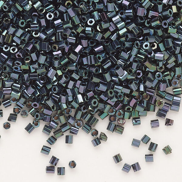 Seed bead, Dyna-Mites™, glass, pkg/40g, #11 2-cut hex, opaque iris green, (90101 11/0 2CUT). image number 0