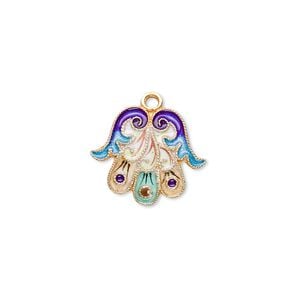Drop, "vermeil" and cloisonné, multicolored, 17x17mm Fatima hand. Sold individually.