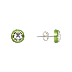 Earstud, Create Compliments®, enamel and sterling silver, peridot green, 8mm round. Sold per pair.