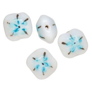 Bead, lampworked glass, opaque white / black / sky blue, 17-16mm-14x13mm puffed rectangle with double-sided painted flower design. Sold per pkg of 4.
