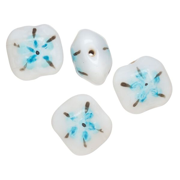 Bead, lampworked glass, opaque white / black / sky blue, 17-16mm-14x13mm puffed rectangle with double-sided painted flower design. Sold per pkg of 4. image number 0