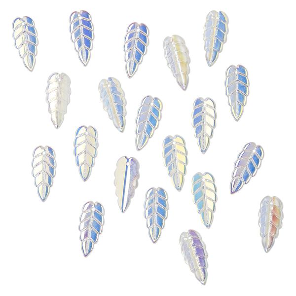 Drop, pressed glass, translucent clear AB, 23 x 10mm pressed leaf, top-drilled. Sold per pkg of 20. image number 0