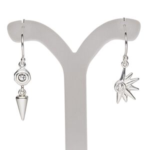 Earring, Create Compliments®, cubic zirconia and sterling silver, clear, 24.5mm fishhook and 30mm round and spike, 21 gauge. Sold per pair.