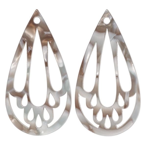 Focal, resin, grey and brown, 49x25mm teardrop with cutouts. Sold per pkg of 4. image number 0