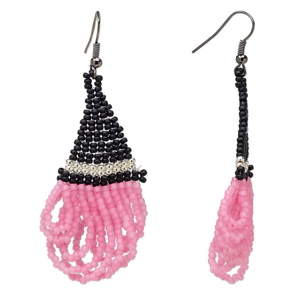 Circle of Hope earring, glass seed beads and electro-coated steel, pink and black, 2-3/4 inches with witch's hat with hair and fishhook ear wire. Only one available. image number 0
