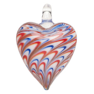 Focal, lampworked glass 1pkg1, translucent and opaque blue / multicolored, 42x29mm-44x31mm single-sided heart with swirl design.