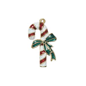 Charm, enamel and gold-finished "pewter" (zinc-based alloy), red / white / green with glitter, 23x14mm single-sided candy cane with bow. Sold individually.