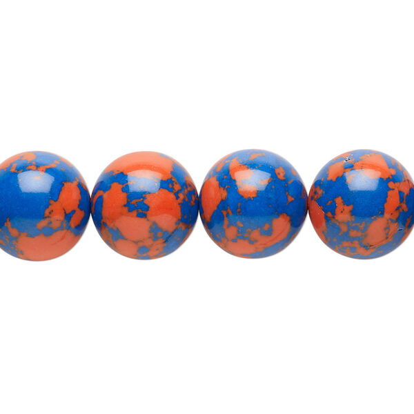 Bead, resin, dark blue and orange, 12mm round. Sold per 15" to 16" strand. image number 0