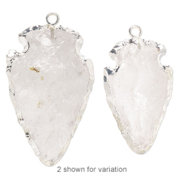 Focal, quartz crystal (natural) / electroplated silver / silver-plated sterling silver, 28x19mm-36x22mm hand-knapped arrowhead. Sold individually. image number 0