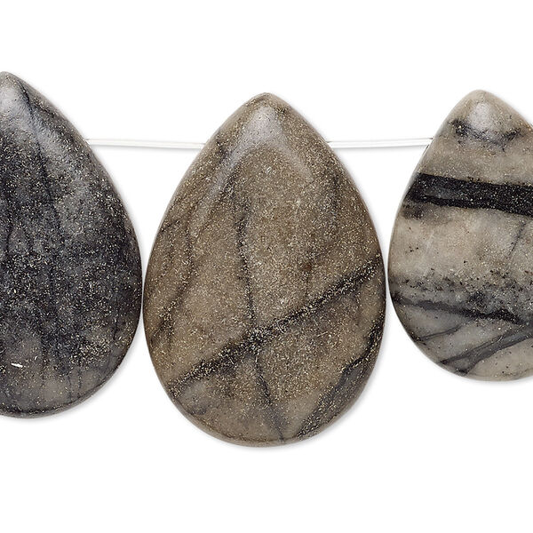 Drop and focal mix, Picasso marble (natural), 24x18mm-31x21mm flat teardrop with flat back, B- grade, Mohs hardness 3. Sold per pkg of 4. image number 0