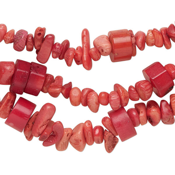 Bead mix, bamboo coral (dyed), light to dark red, 10x4mm-12x7mm heishi and small to extra-large chip, C grade, Mohs hardness 3-1/2 to 4. Sold per pkg of (3) 8-inch strands. image number 0