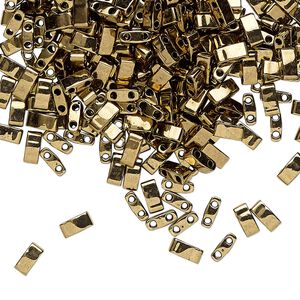 Seed bead, TILA®, glass, pkg/40g, 5x2.3mm half tila rectangle, opaque metallic dark bronze, (HTL-457).