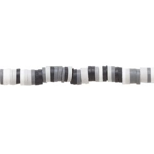 Bead, polymer clay, opaque black, grey and white, 4x1mm heishi. Sold per pkg of (2) 16-inch strands.