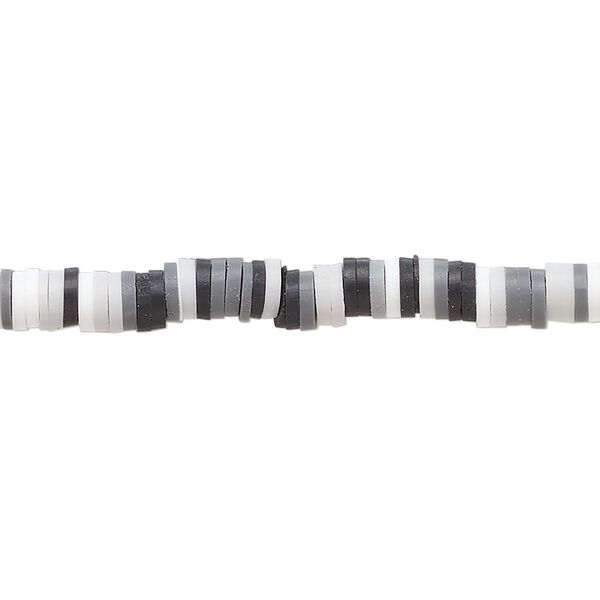 Bead, polymer clay, opaque black, grey and white, 4x1mm heishi. Sold per pkg of (2) 16-inch strands. image number 0