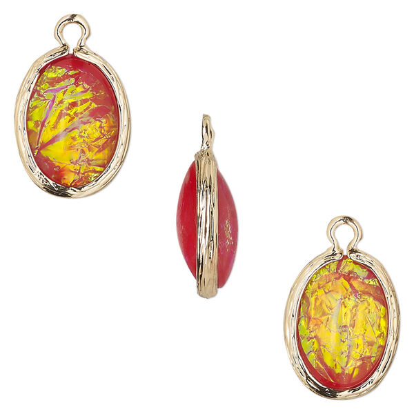 Drop, Opalized Ice™, "opal" (resin) and gold-finished brass, orange, 16x12mm double-sided oval. Sold per pkg of 4. image number 0
