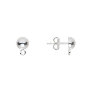 Earstud 1pkg10 sterling silver, 6mm half-ball / open loop / earnuts, polished 5 pair