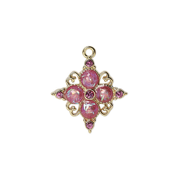 Drop, cubic zirconia / acrylic / gold-finished "pewter" (zinc-based alloy), pink opalescent, 19mm single-sided diamond. Sold individually. image number 0