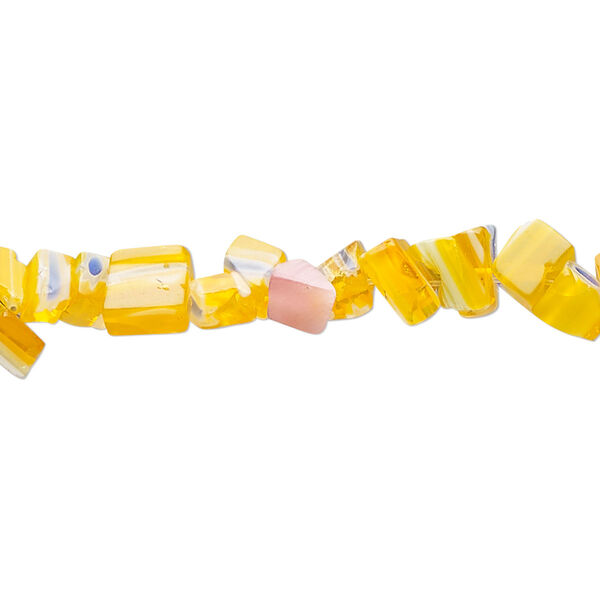 Bead, millefiori glass, translucent dark yellow / orange / multicolored, small chip. Sold per 32-inch strand. image number 0