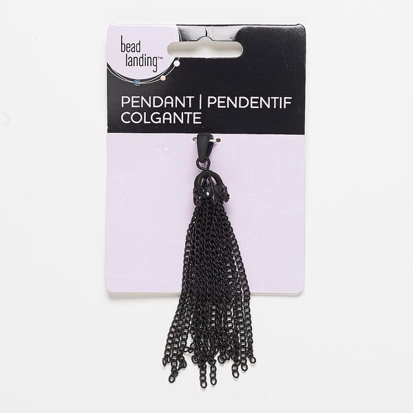 Pendant, glass rhinestone / steel / "pewter" (zinc-based alloy), black, 3x1/2 to 3-1/4 x 1/2 inch matte chain tassel. Sold individually. image number 0
